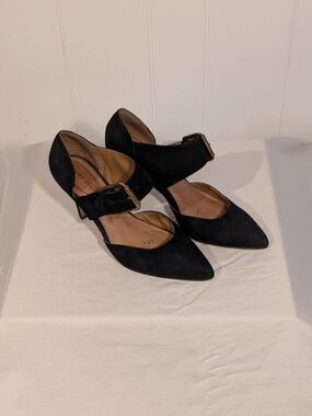 Corso Como Black Suede Pointed Mary Jane Heels with Gold Buckle